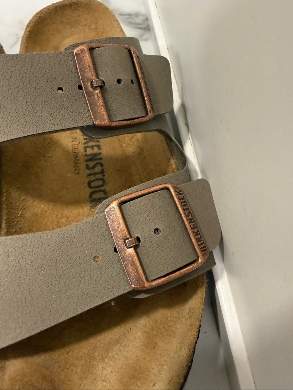 Birkenstock Two-Strap Sandals Gray with Brown Footbed - Picture 8 of 9